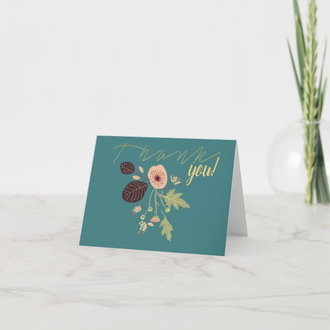 Playful Floral Green Teal Pink Motif Flowers Thank You Card (Front)