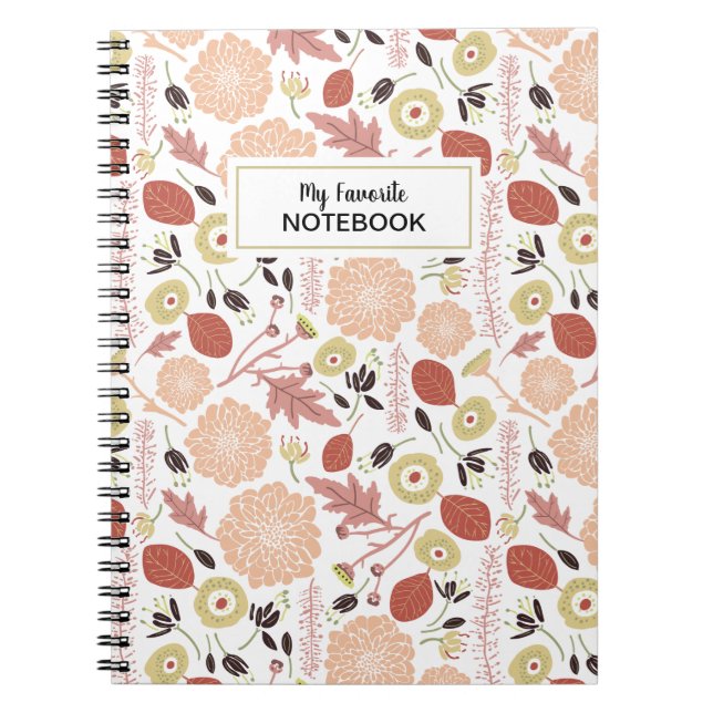 Playful Floral Mix Peach Green Illustrated Flowers Notebook (Front)