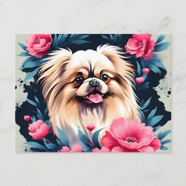 Playful Floral Pekingese Dog Postcard (Front)