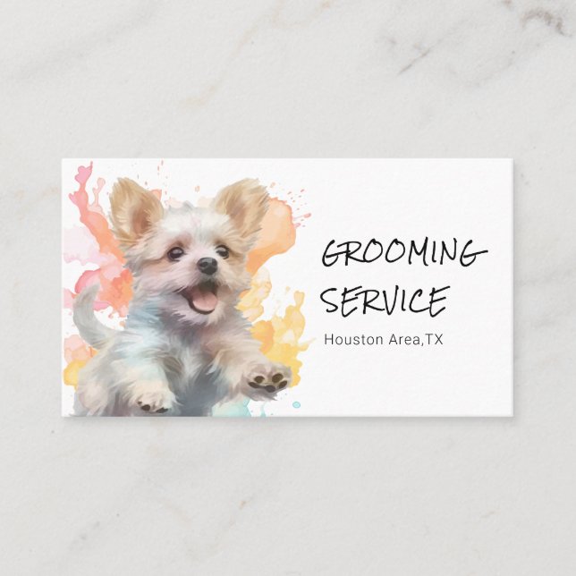 Playful Fluffy Dog Groomer Grooming Service Business Card (Front)