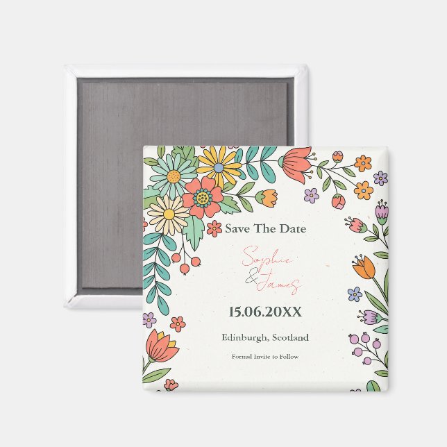 Playful Folk Floral Save the Date Magnet (Front/Back)