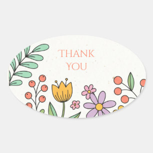 Playful Folk Floral Thank You Oval Sticker