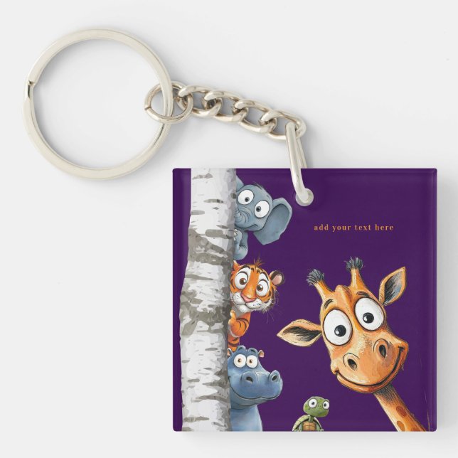 Playful Forest Creatures Purple Square Design Key Ring (Front)
