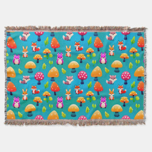 🌿 Playful Forest Cute Animals Cosy Nature Scene  Throw Blanket
