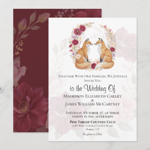 Playful Fox Autumn Floral Wedding Invitation