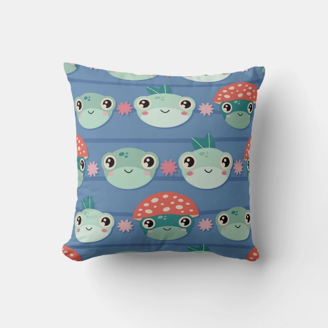 Playful Frog and Mushroom Pattern Cushion (Front)