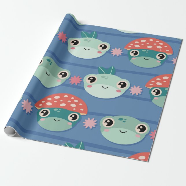 Playful Frog and Mushroom Pattern Wrapping Paper (Unrolled)