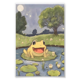 Playful Frog Illustration in Floral Garden Photo Print