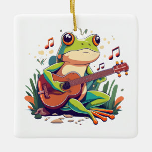 Playful Frog with Banjo - Cute Musical Amphibian Ceramic Ornament
