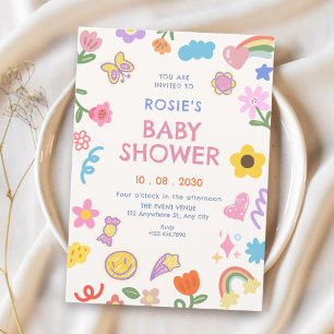 Playful fun colourful doodle baby shower invitation