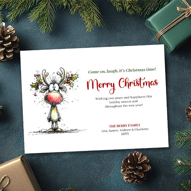 Playful Funny Santa Watercolor Red Green Greeting  Holiday Card (Funny Christmas greeting card,
quirky cartoon Christmas reindeer,
cartoonish artistic holiday  Xmas,)