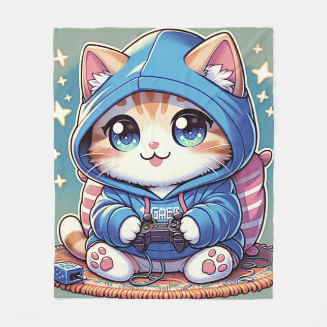 Playful Gamer Cat  in Cosy Setting Fleece Blanket (Front)