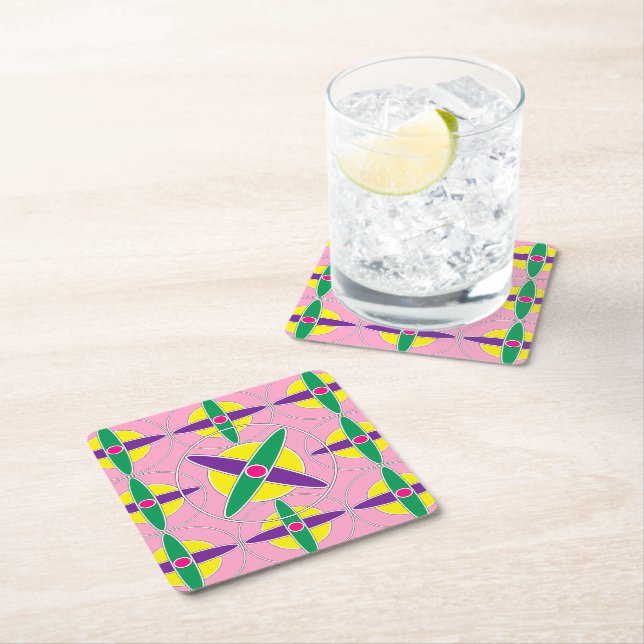 Playful geometric cross pattern square paper coaster (Insitu)