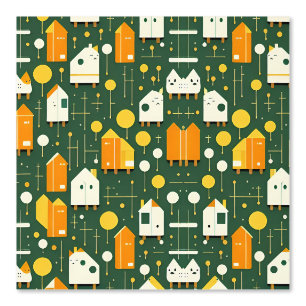 Playful Geometric Houses with Trees Pattern Wallpaper