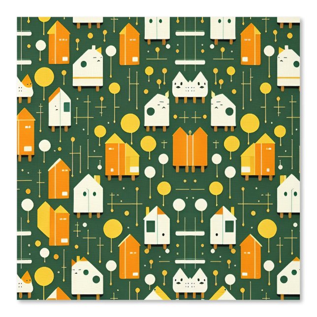 Playful Geometric Houses with Trees Pattern Wallpaper (Front)