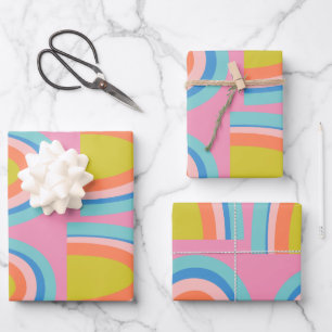 Playful Geometric Rainbow Pattern in Bright Pink Wrapping Paper Sheet