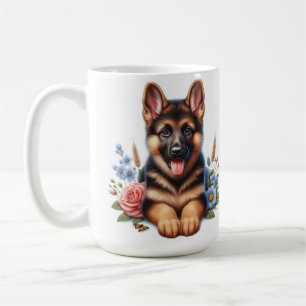 Playful German Shepherd Puppy with Flowers Coffee Mug