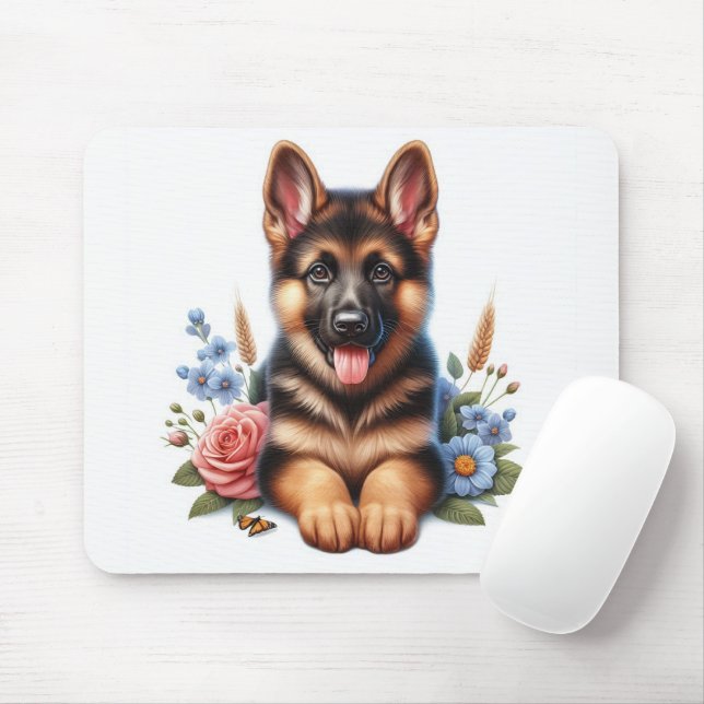 Playful German Shepherd Puppy with Flowers Mouse Mat (With Mouse)