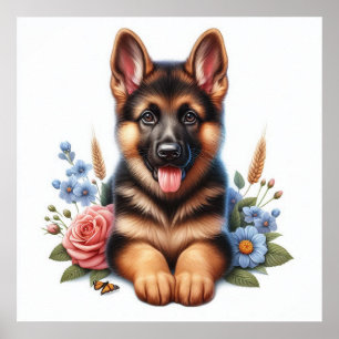 Playful German Shepherd Puppy with Flowers Poster