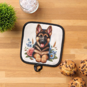 Playful German Shepherd Puppy with Flowers Pot Holder