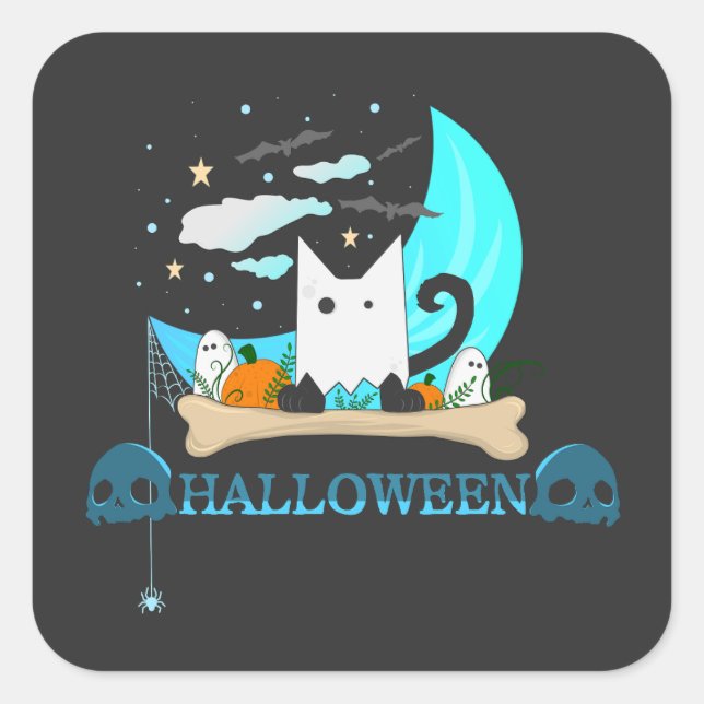 Playful Ghost Cat Haunts Halloween Night Square Sticker (Front)