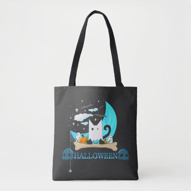 Playful Ghost Cat Haunts Halloween Night Tote Bag (Front)