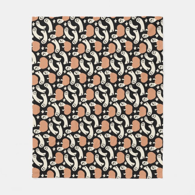 Playful Ghosts and Pumpkins on Black – Halloween R Fleece Blanket (Front)