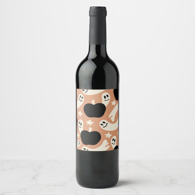 Playful Ghosts and Pumpkins on Black – Halloween Wine Label (Front)