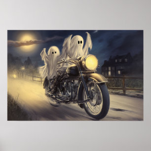 Playful Ghosts on Vintage Motorcycle, Moonlit Ride Poster