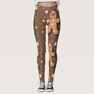 Playful Gingerbread Man Pattern on Brown Leggings
