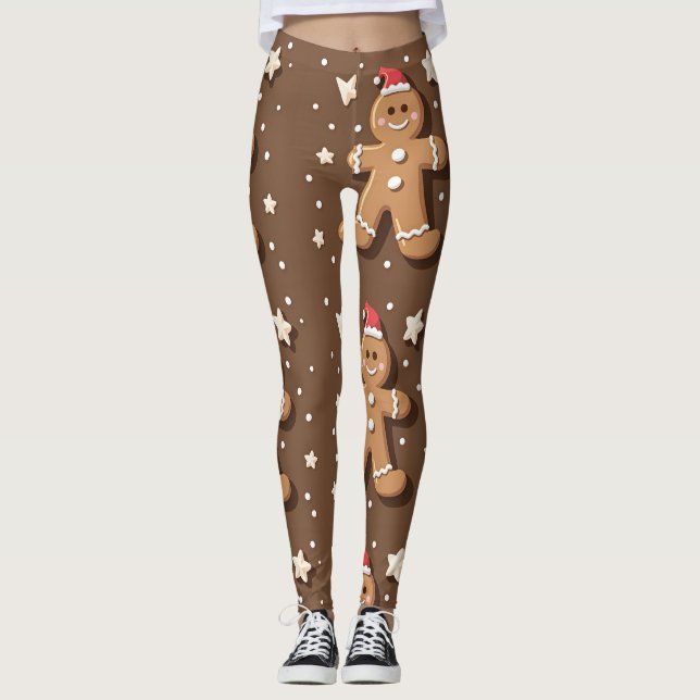 Playful Gingerbread Man Pattern on Brown Leggings (Front)