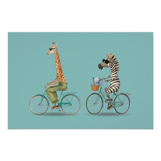 Playful Giraffe and Zebra Cycling Poster (Front)