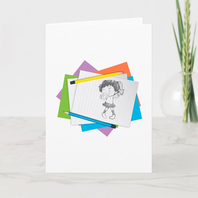 Playful Girl Sketch Drawing with Colourful Pencils Card (Creator Uploaded)
