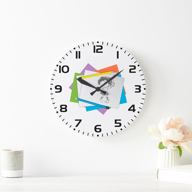 Playful Girl Sketch Drawing with Colourful Pencils Large Clock (Creator Uploaded)