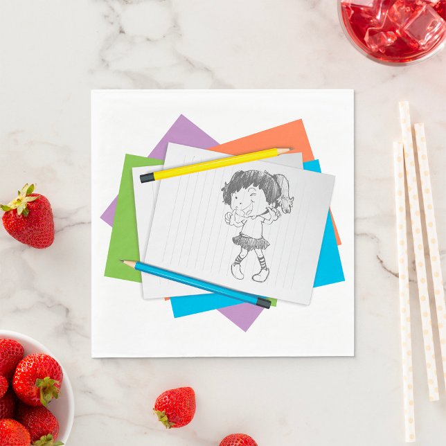 Playful Girl Sketch Drawing with Colourful Pencils Napkin (Creator Uploaded)
