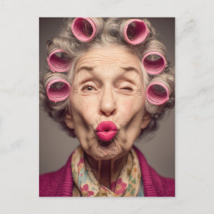 Playful Glamour in Pink Curlers Postcard