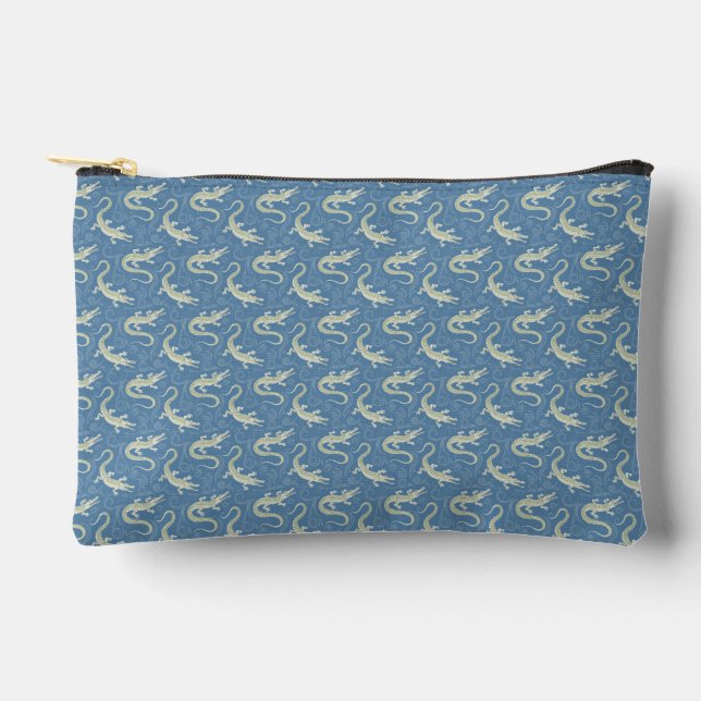 Playful Green Alligator Paisley on Blue Accessory Pouch (Front)