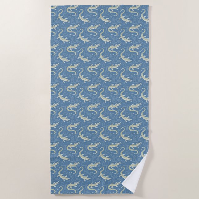 Playful Green Alligator Paisley on Blue Beach Towel (Front)