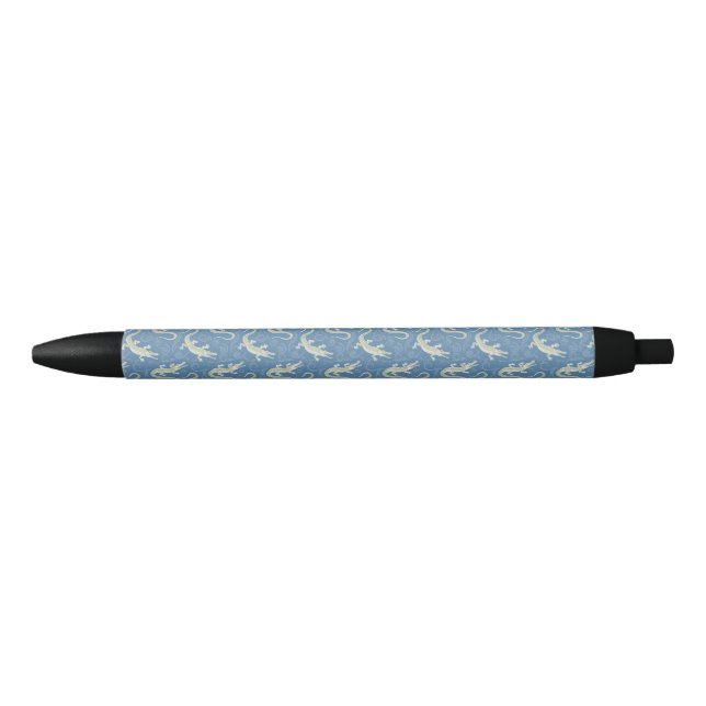 Playful Green Alligator Paisley on Blue Black Ink Pen (Front)