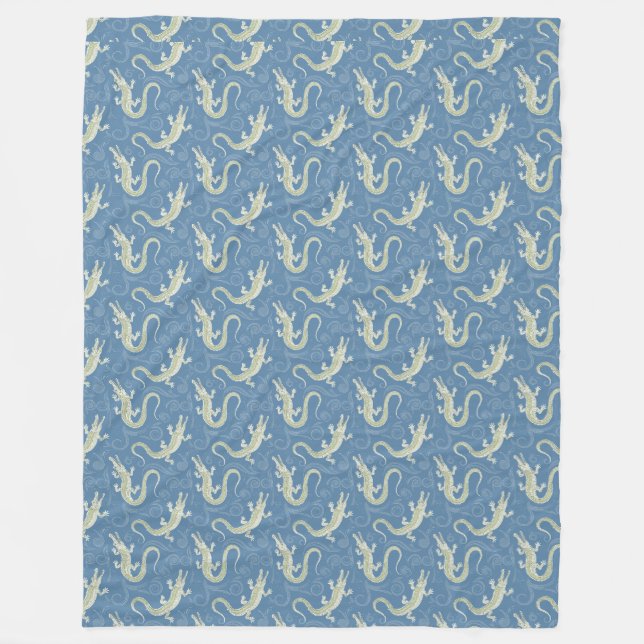 Playful Green Alligator Paisley on Blue Fleece Blanket (Front)