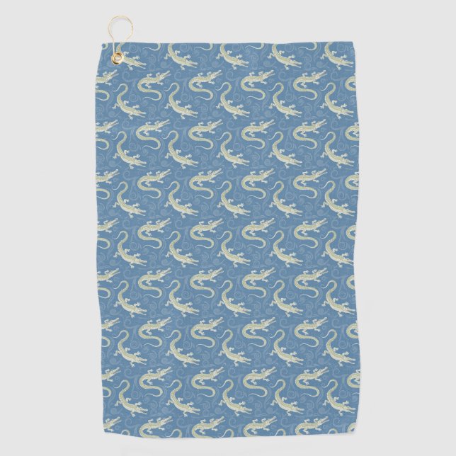 Playful Green Alligator Paisley on Blue Golf Towel (Front)