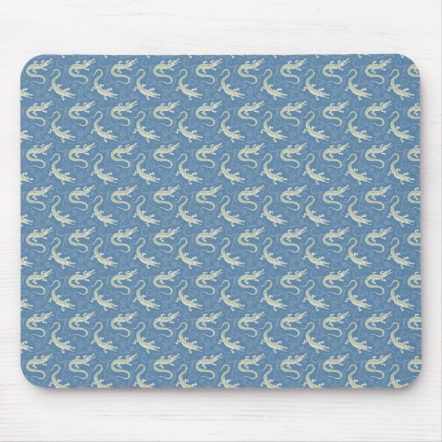 Playful Green Alligator Paisley on Blue Mouse Mat (Front)