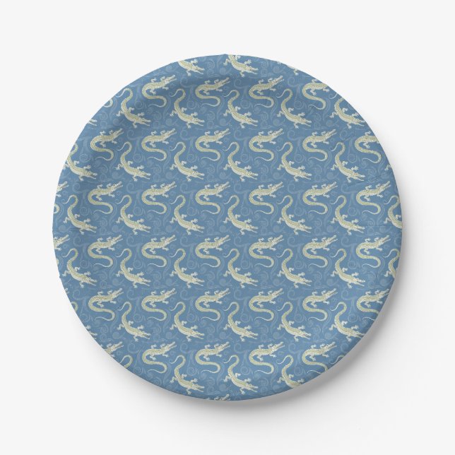 Playful Green Alligator Paisley on Blue Paper Plate (Front)