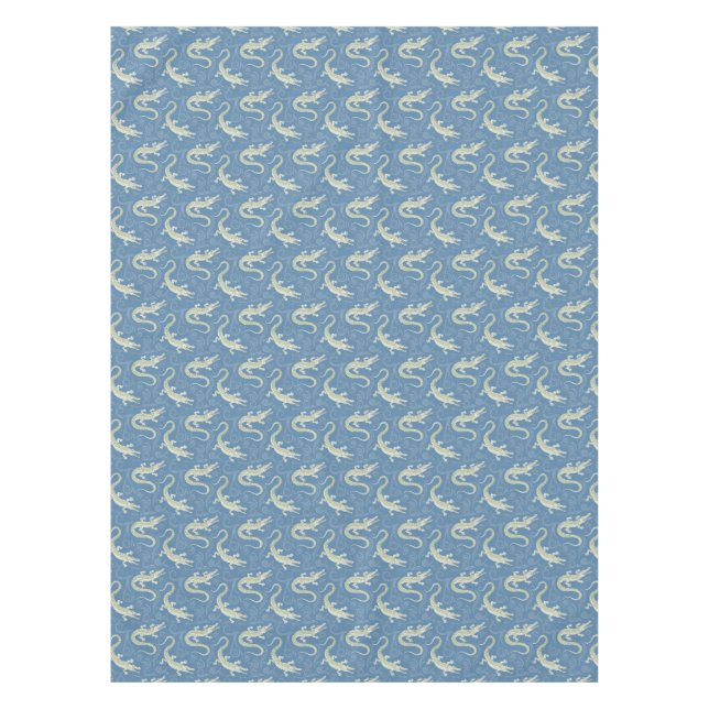 Playful Green Alligator Paisley on Blue Tablecloth (Front)