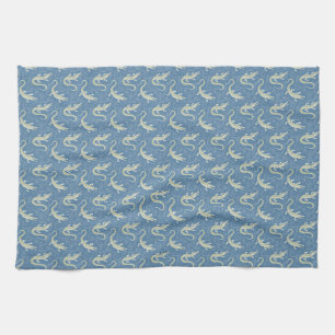 Playful Green Alligator Paisley on Blue Tea Towel