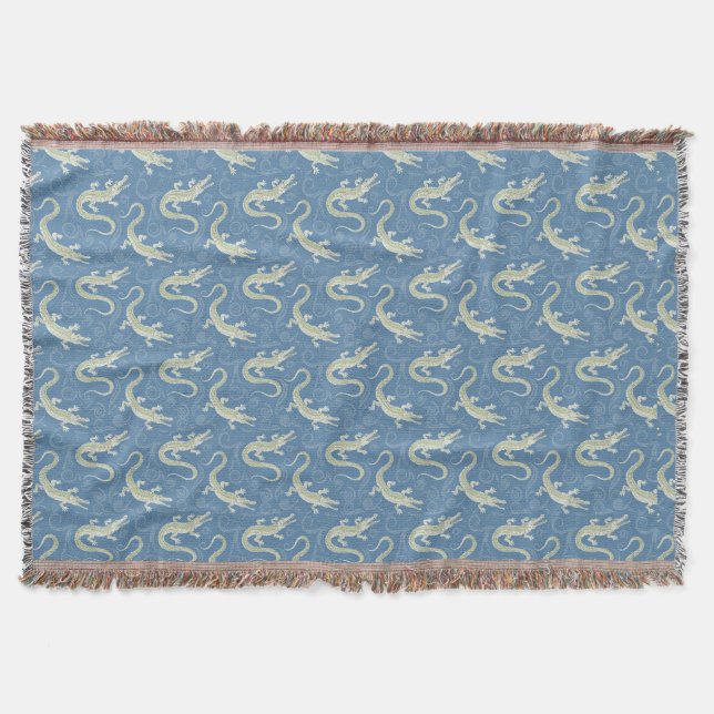 Playful Green Alligator Paisley on Blue Throw Blanket (Front)