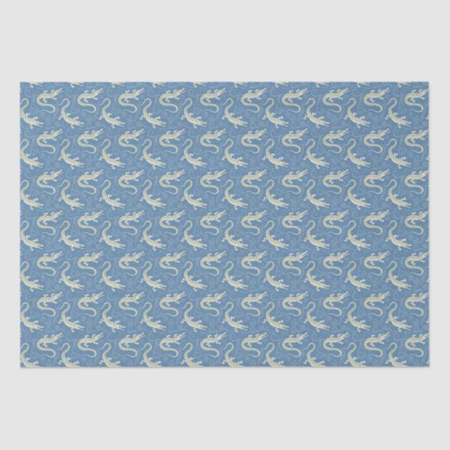 Playful Green Alligator Paisley on Blue Tissue Paper (Front)