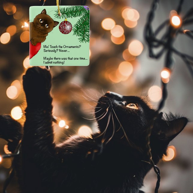 Playful Green Cute Christmas Brown Cat Humor Ceramic Ornament (Creator Uploaded)