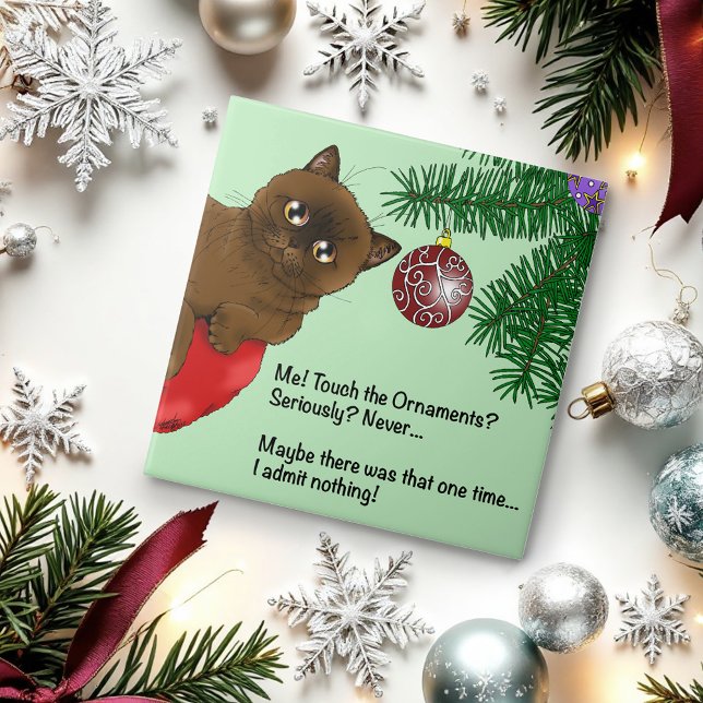Playful Green Cute Christmas Brown Cat Humour Tile (Creator Uploaded)