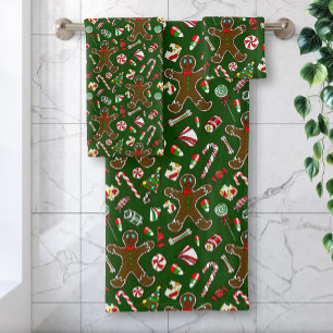 Playful Green Festive Gingerbread Candy Pattern Bath Towel Set